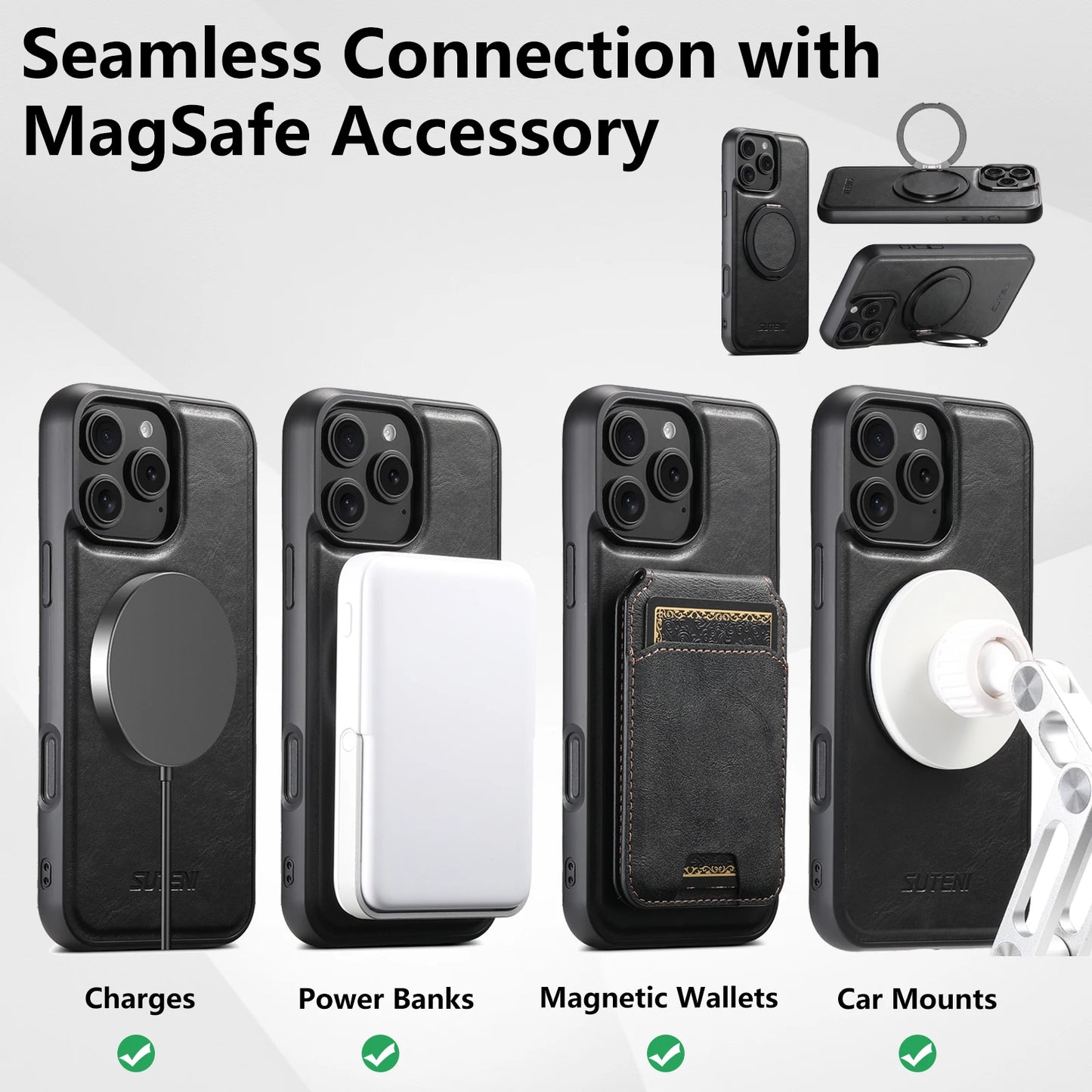 Carga inalámbrica MagSafe compatible con magnético fuerte 360 °   Funda de teléfono de cuero PU con soporte de anillo giratorio para iPhone 17 16 15 14 13 12