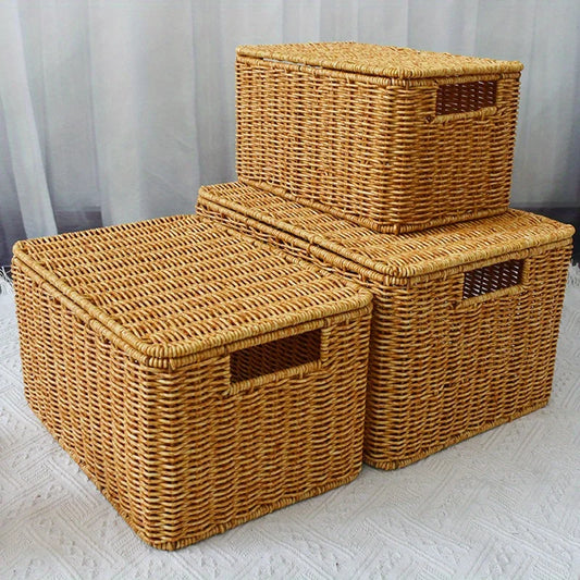 Ländlicher, gewebter Aufbewahrungskorb mit Deckel, stilvoller und langlebiger Kleiderschrank-Organizer, geeignet für Bad, Schlafzimmer, Küche und Zuhause
