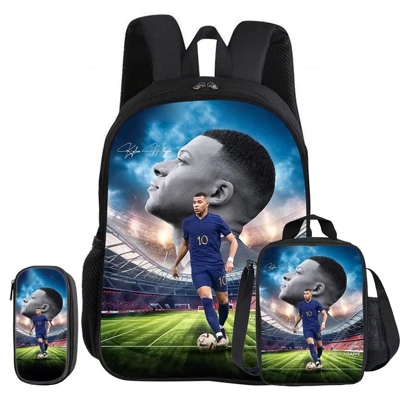 M-Mbappe-Juego de 3 piezas de mochila escolar con diseño de estrella de fútbol para niños, bolsa para lápices, mochila con bolsa para el almuerzo, mochila deportiva, regalo para niños