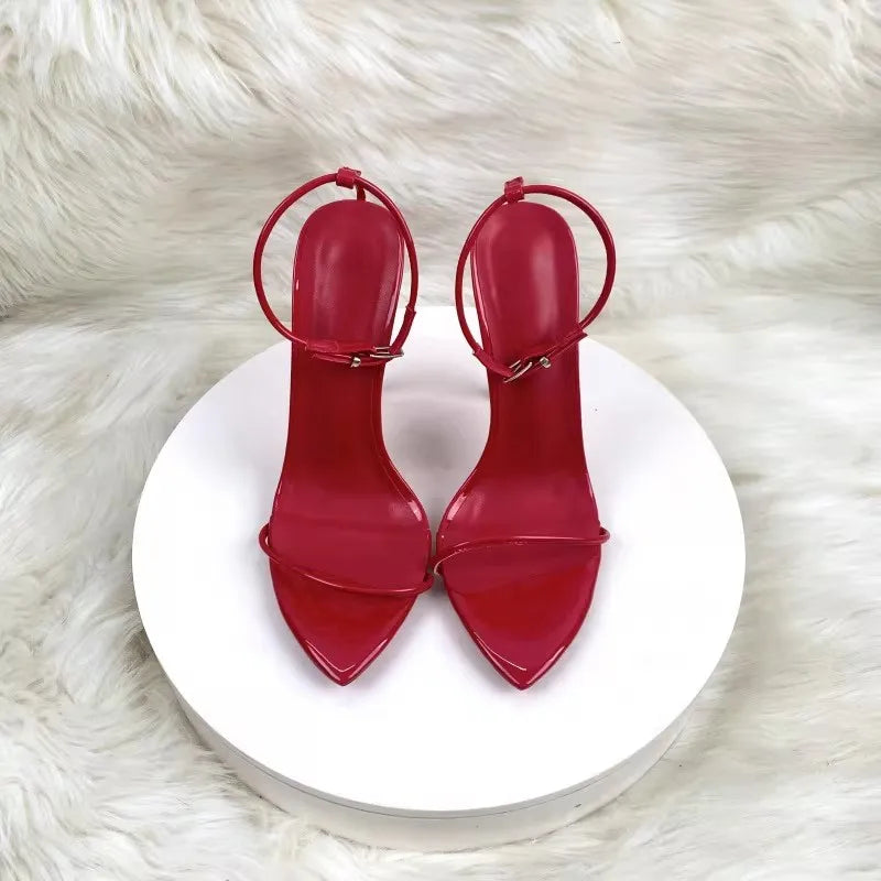 Nuevas Sandalias de Moda con Tira Recta 2026, Sandalias de Tacón de Aguja Rojas con Punta en Pico para Mujer