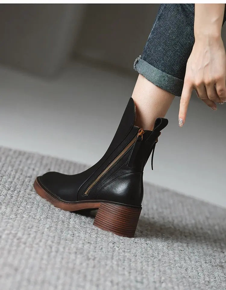 Botines de tacón alto para mujer, botas cortas de cuero con punta redonda, botas de tacón grueso, botines con cremallera lateral, tacón de plataforma para mujer