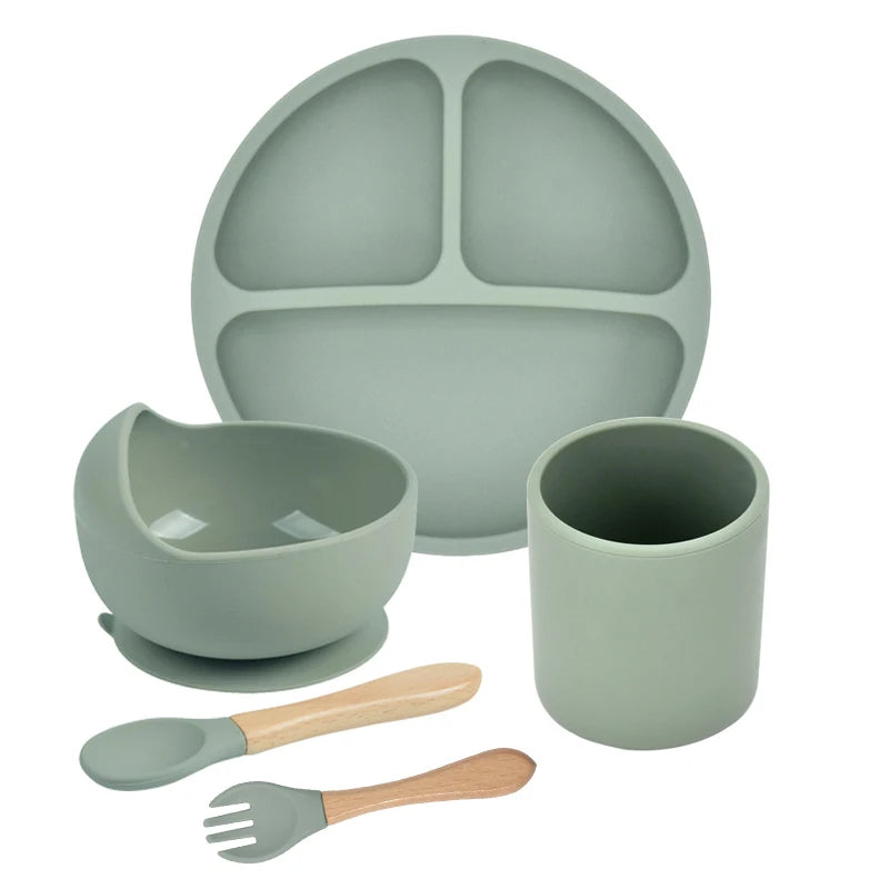 Juego de alimentación de silicona para bebé, cuenco de silicona, plato de comedor, cuchara, tenedor, platos para niños, vajilla de silicona sin BPA, 3/4/5 Uds.