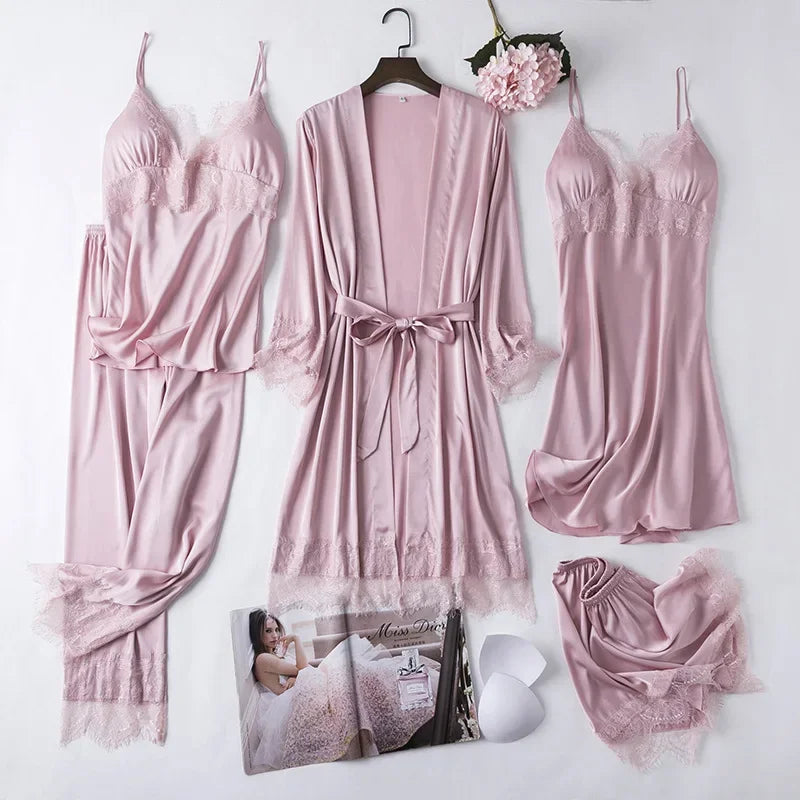 Conjunto de pijama de seda blanca para mujer, bata de boda de 5 piezas, camisón Sexy de encaje, ropa de dormir, Kimono, albornoz, lencería