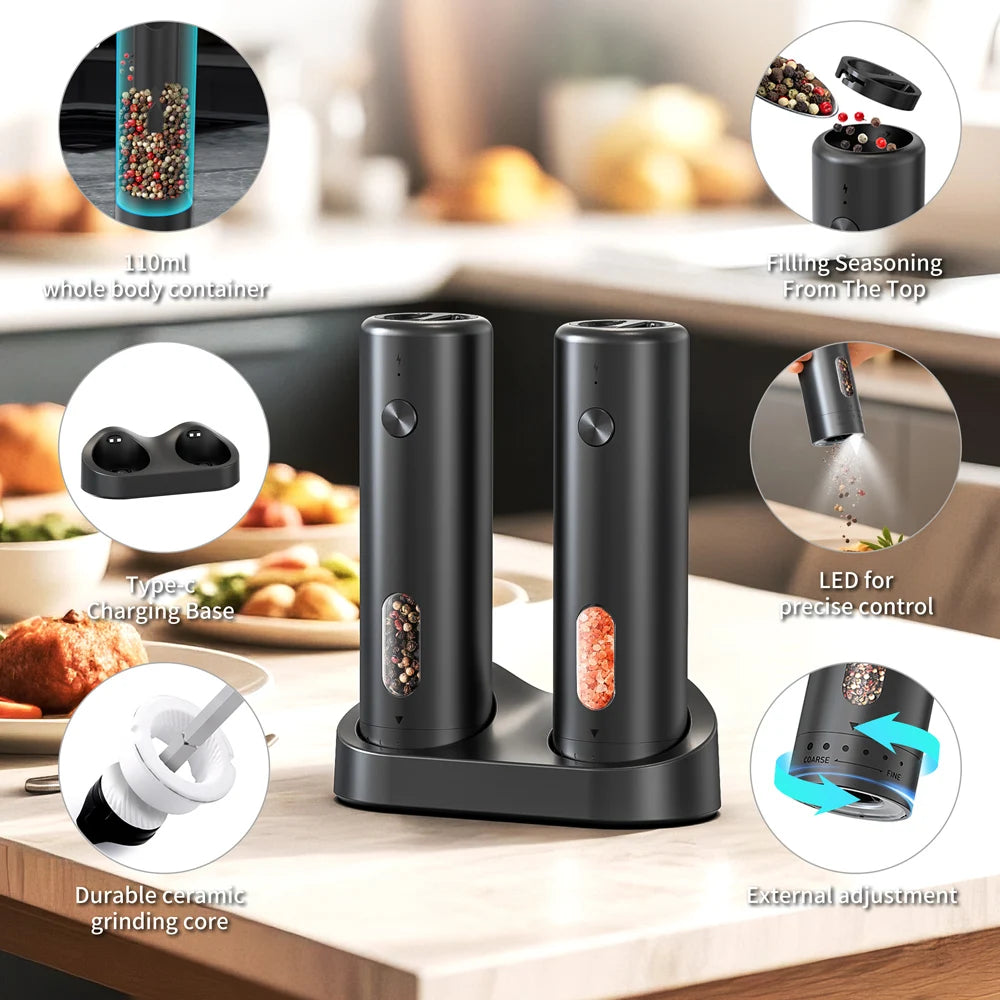 Molinillo de pimienta automático recargable por USB, molinillo de sal y pimienta de grosor ajustable para cocina, 1 ud./2 uds.
