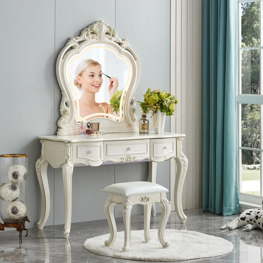 Escritorio de tocador de maquillaje de decoración europea, cajón de madera, escritorio de tocador de maquillaje blanco y negro, espejo de esquina, muebles de dormitorio principal Komody