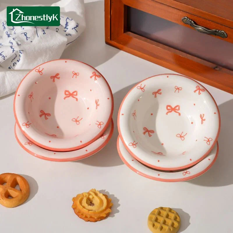 Juego de 4 Platos de Cerámica con Lazo Rosa para Salsas, Tazones Bonitos para Condimentos, Platos para Servir en la Mesa, Platos para Salsa de Soja y Vinagre, Platos para Sumergir en Hot Pot, Venta al por Mayor