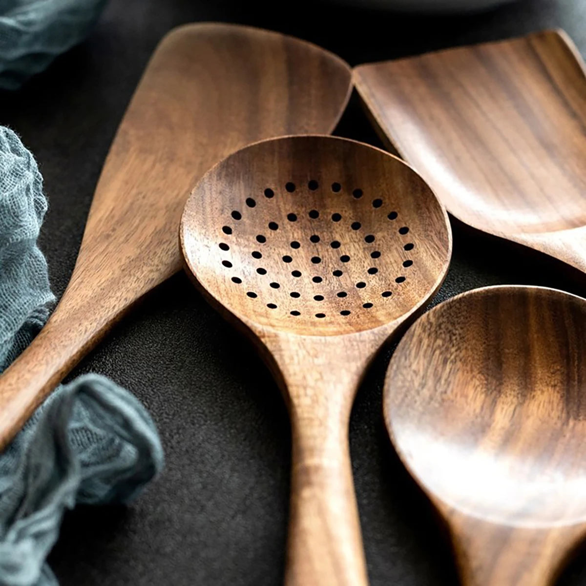 Utensilios de cocina de madera, juego de cuchara y espátula para el hogar, cuchara para ensalada, tenedor, cuchara agitadora, juego de cocina para hornear con cubo de almacenamiento