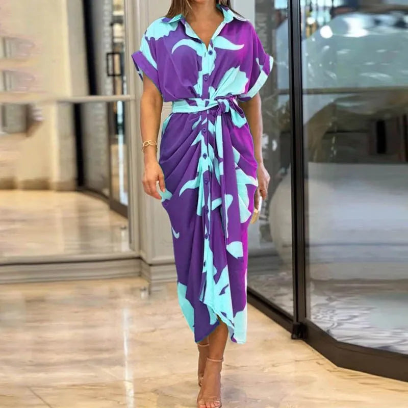 Vestidos Elegantes para Mujer 2026: Vestido de Mujer con Estampado Irregular, Cuello Solapa, Ajuste Delgado y Contraste, Ideal para el Trabajo y con un Toque de Temperamento.