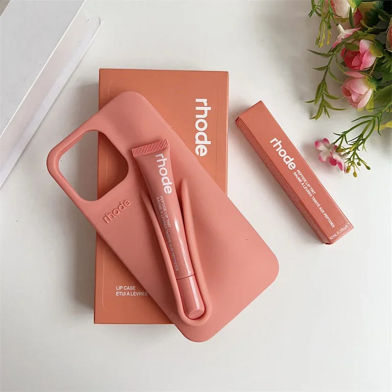 Maquillaje Rhode con caja, soporte para lápiz labial, funda de teléfono para IPhone17 Air 11 12 13 14 15 16 Pro Max Plus, funda suave de silicona para brillo de labios