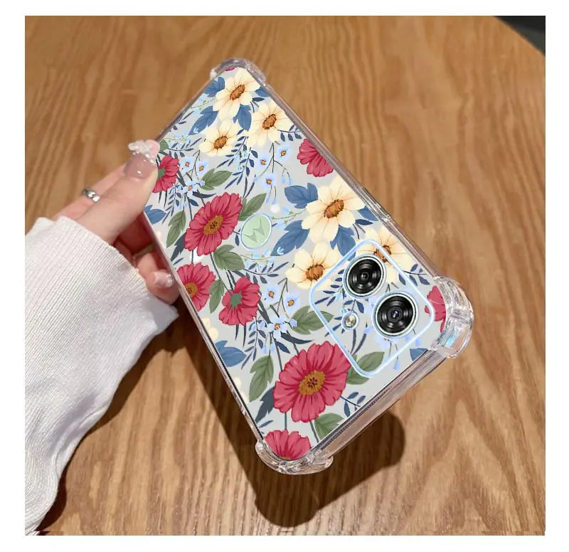 Funda de teléfono transparente G54 flores y hierba para Motorola Moto G54 G53 G52 G72 G82 G13 G73 G32 G84 G14 G42 G24Power G30 G9