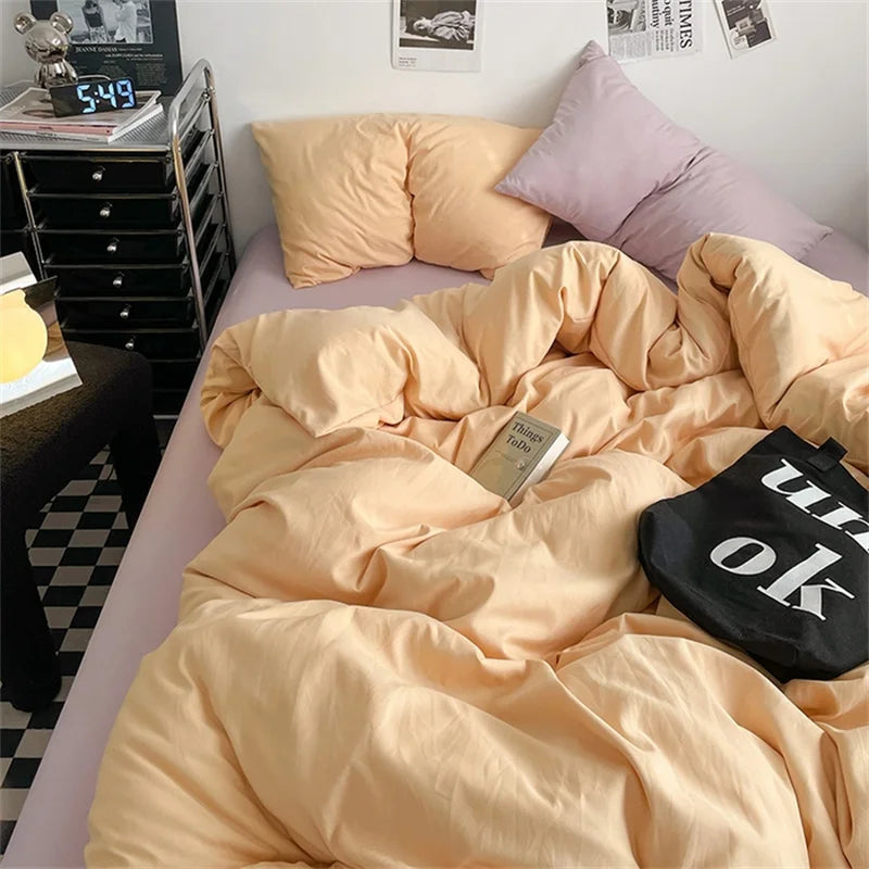 Juego de Ropa de Cama 100% Algodón, Juego de Sábanas de Algodón Lavado de Cuatro Piezas, Juego de Edredón, Funda de Edredón Doble para Parejas