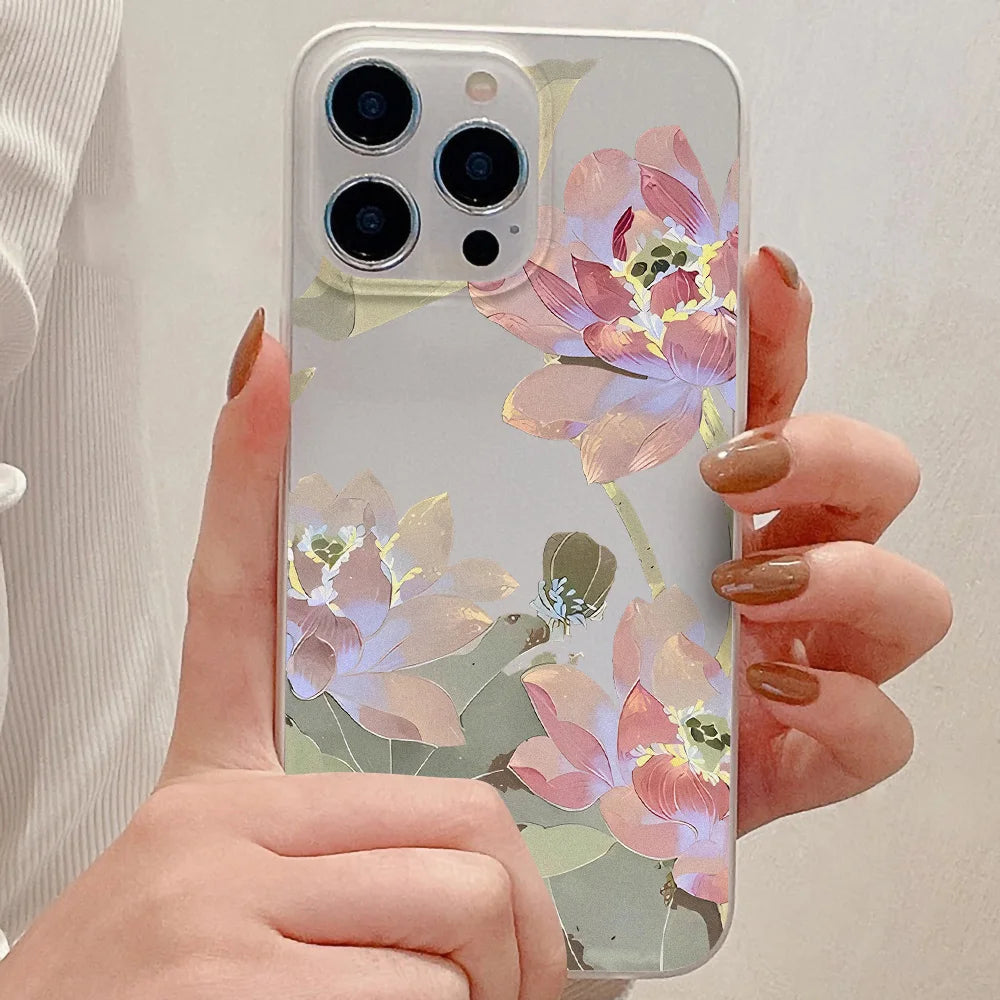 Funda de teléfono con flores para iPhone 16 Pro, funda trasera de piel sedosa delgada translúcida para iPhone 13 11 12 14 15 Pro Max 13 Mini 15 Plus