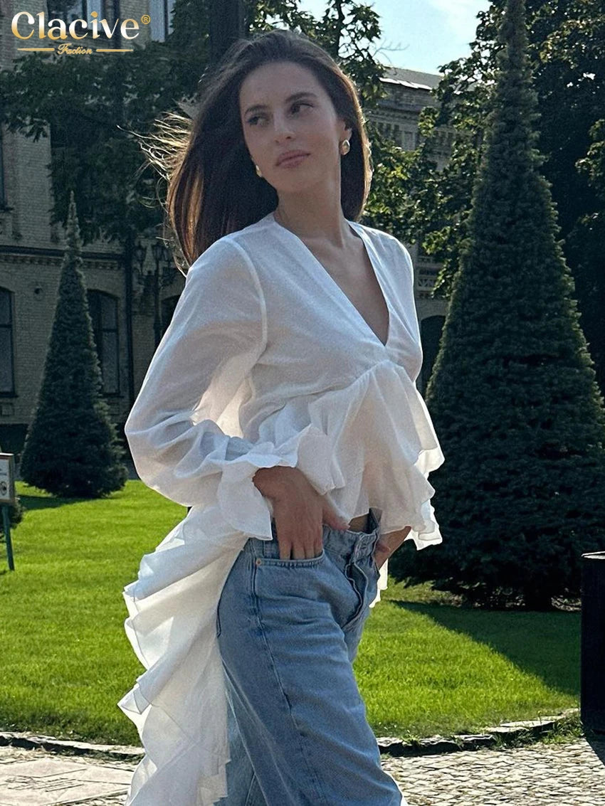 Clacive-Camiseta blanca holgada para mujer, camisas de manga larga con cuello en V a la moda, Top Irregular con volantes elegantes, ropa femenina 2025