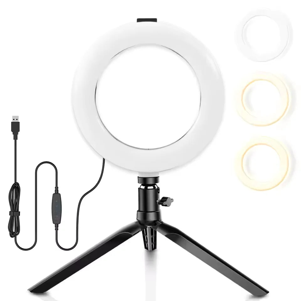 Aro de Luz LED para Escritorio de 16 cm, Regulable, con Soporte de Trípode, Ángulo Ajustable, Interfaz USB para Video, Transmisión en Vivo y Maquillaje