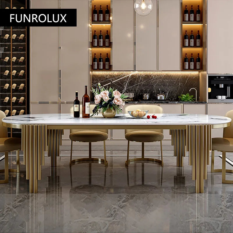 Juego de comedor de acero inoxidable, muebles para el hogar, mesa de comedor de mármol moderna