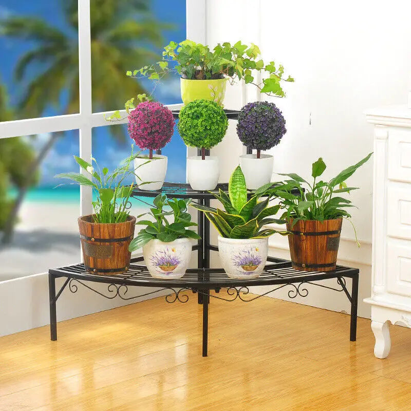 Soporte para plantas y macetas de interior y exterior, soporte de exhibición de estante esquinero para macetero redondo de 3 niveles de Metal para jardín