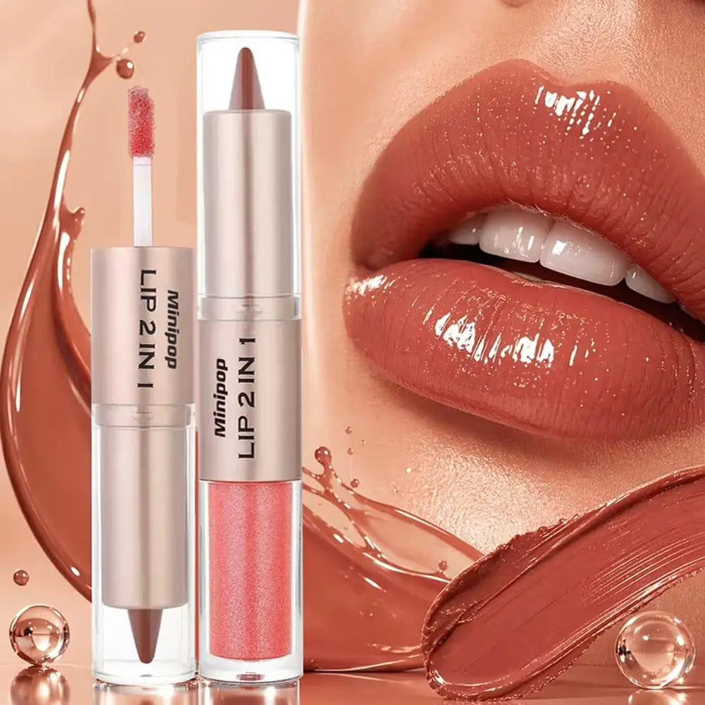 Delineador de Labios 2 en 1 con Diseño de Espejo Mate de Doble Punta, Resistente al Agua, Antiadherente, Color Marrón Nude, Degradado Cónico