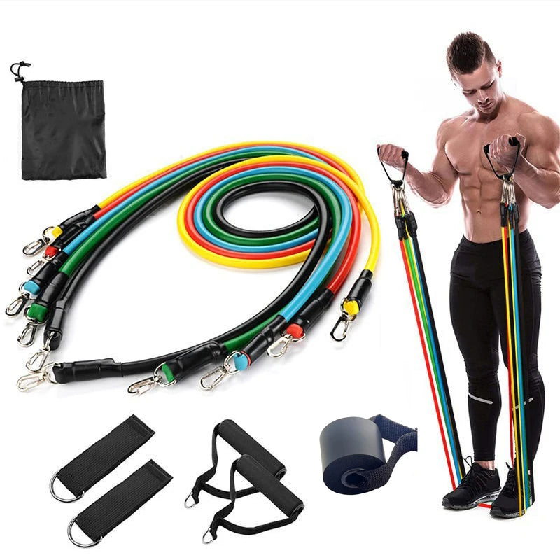 Set de Bandas de Resistencia TPE (11 piezas) con Cuerda de Tracción, Bandas Elásticas de Entrenamiento, Anclaje para Puerta, Asas, Bolsa de Transporte y Correas para Piernas y Tobillos