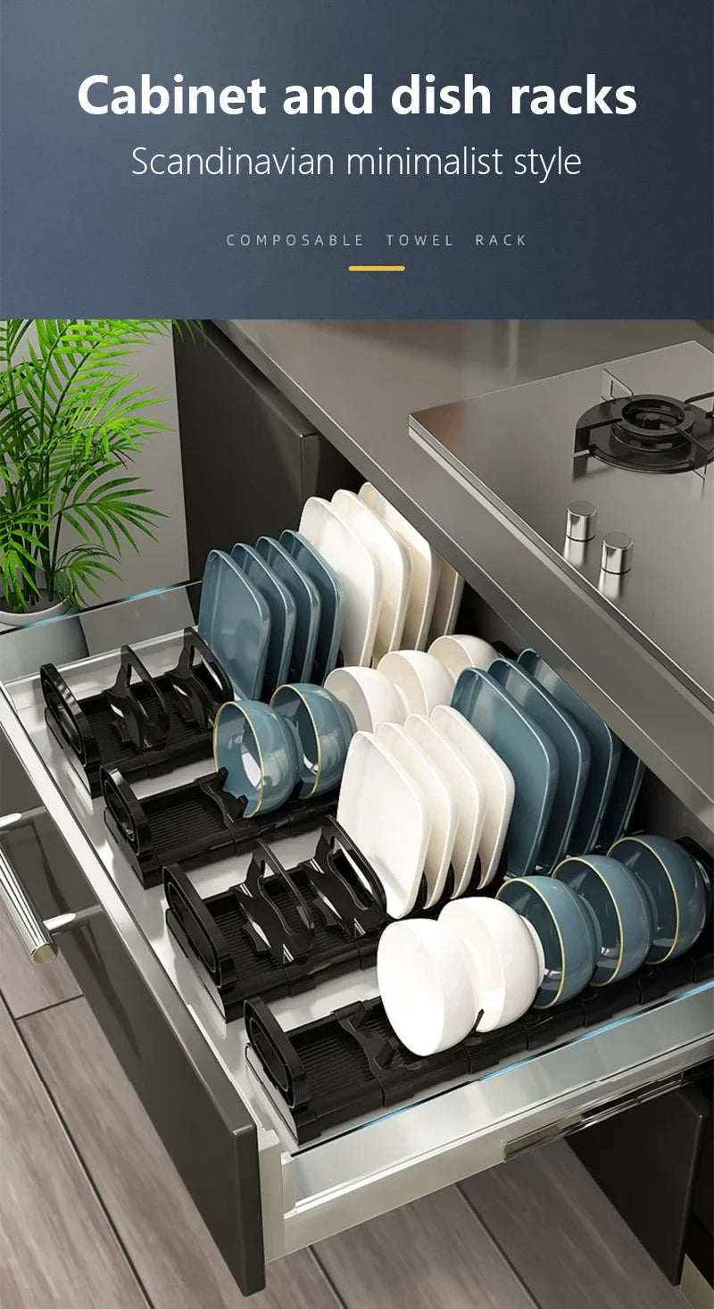 Estante de almacenamiento de platos para armario de cocina, escurridor de platos integrado, divisor de platos, organizador de accesorios de cocina