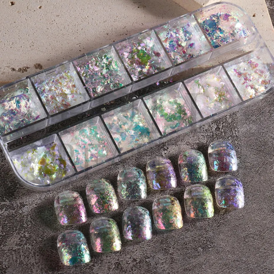 12 rejillas iridiscentes para uñas Aurora, purpurina de cristal, copos de fuego, holográficos, lentejuelas brillantes, dijes, esmalte de Gel, Flash para manicura