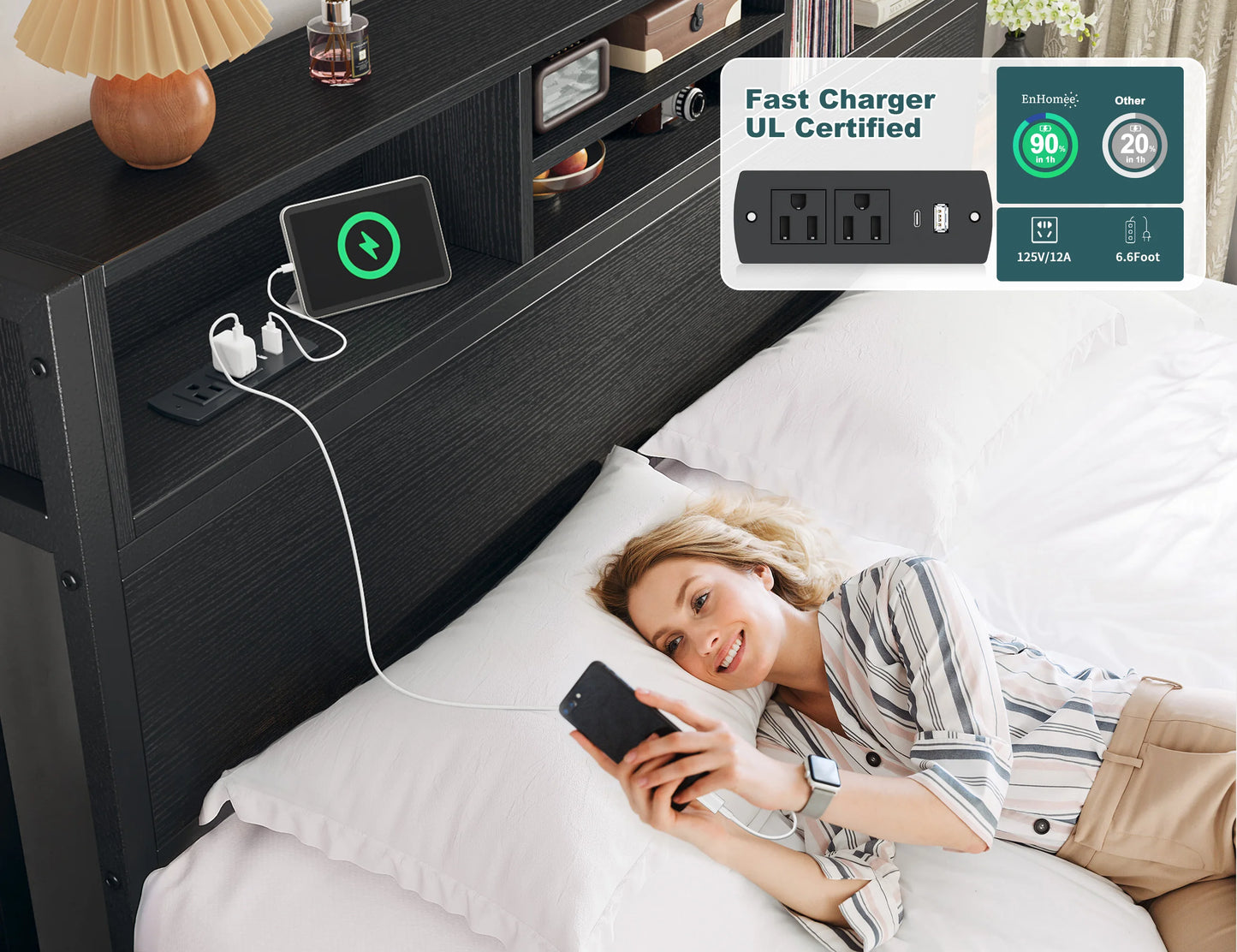 EnHomee - Base de Cama Matrimonial/Queen/King con 6 Cajones de Almacenamiento y Estación de Carga, Base de Cama de Plataforma Metálica con Cabecera con Librero, Sin Ruido