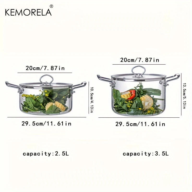 KEMORELA 1 Uds olla de cocina de vidrio 2.5L/3,5L olla de fuego resistente al calor ollas de doble mango con tapa de olla utensilios de cocina de vidrio de borosilicato