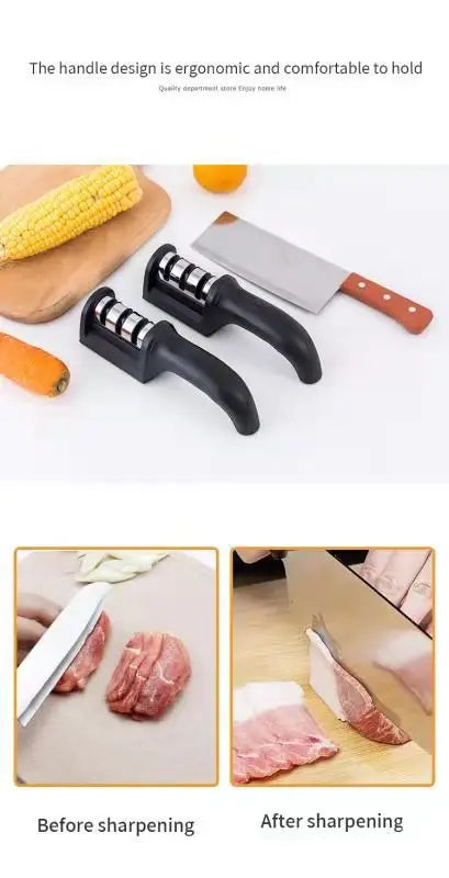 Afilador de cuchillos de tres segmentos para cocina, herramienta de cocina de piedra para afilar de tres usos, multifuncional, color negro, 1 ud.