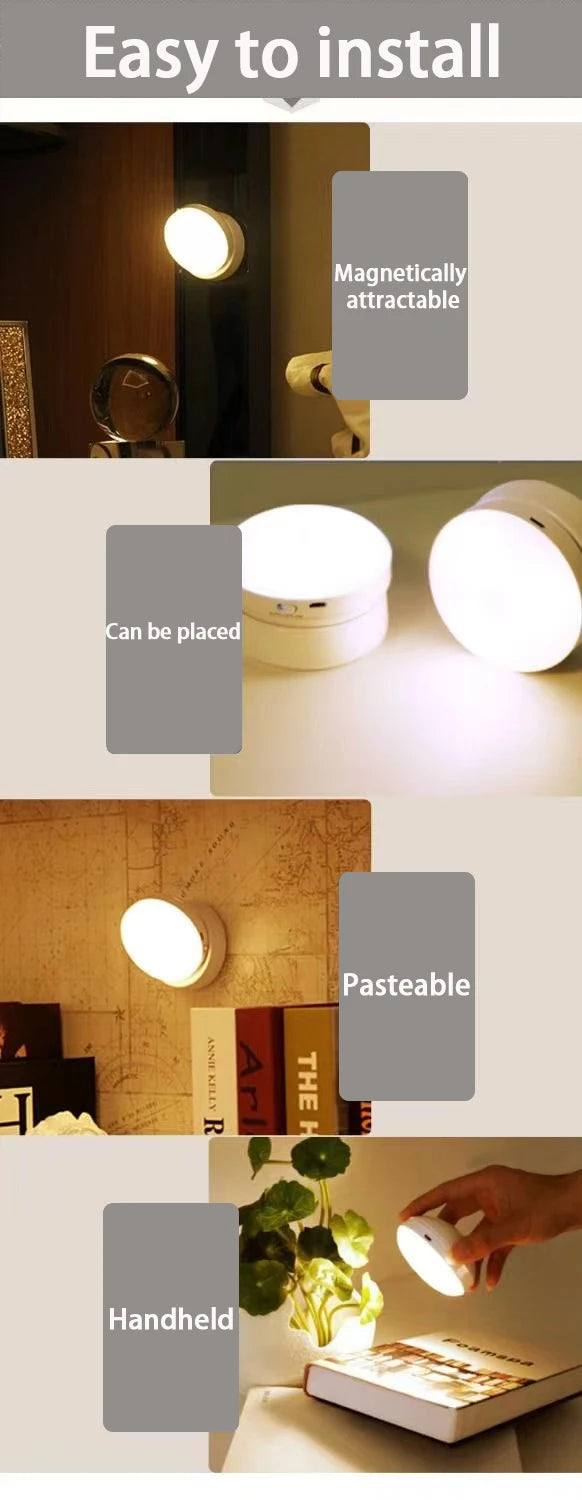 Luz nocturna con Sensor de movimiento, iluminación LED inalámbrica recargable, magnética giratoria 360 para habitación, mesita de noche, iluminación de gabinete