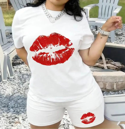 Conjunto de pijama de 2 piezas para mujer, camiseta de manga corta y pantalones cortos con estampado de labios rojos, ropa de dormir de algodón suave, S-XXL