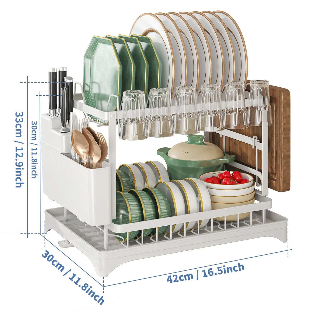 Estante de secado de platos de 2 niveles, escurridor de cuencos de cocina, estante de almacenamiento, vajilla, drenaje, palillos, cuchillo, tenedor, soporte de almacenamiento de vasos de agua de 2 niveles