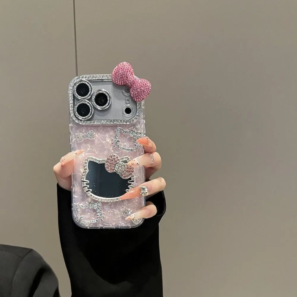 Funda de Teléfono 3D con Diseño de Hello Kitty de Sanrio, con Brillantina, para iPhone 17 16 15 14 13 12 Pro Max, Resistente a Impactos, con Espejo de Maquillaje