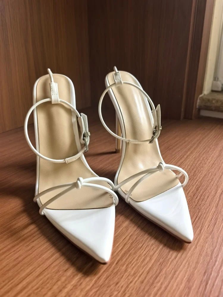 MKKHOU Zapatos de tacón de moda, nuevos zapatos personalizados hechos a mano de alta calidad, sandalias sexys de tacón alto con hebilla en el tobillo y punta fina, zapatos de mujer
