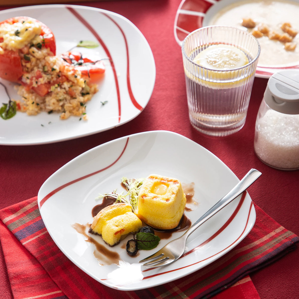 MALACASA-Juego de cena de porcelana serie Felisa, juego de tazas, platillos, postre, sopa, plato de cena, rayas rojas, marfil, blanco, 30 piezas