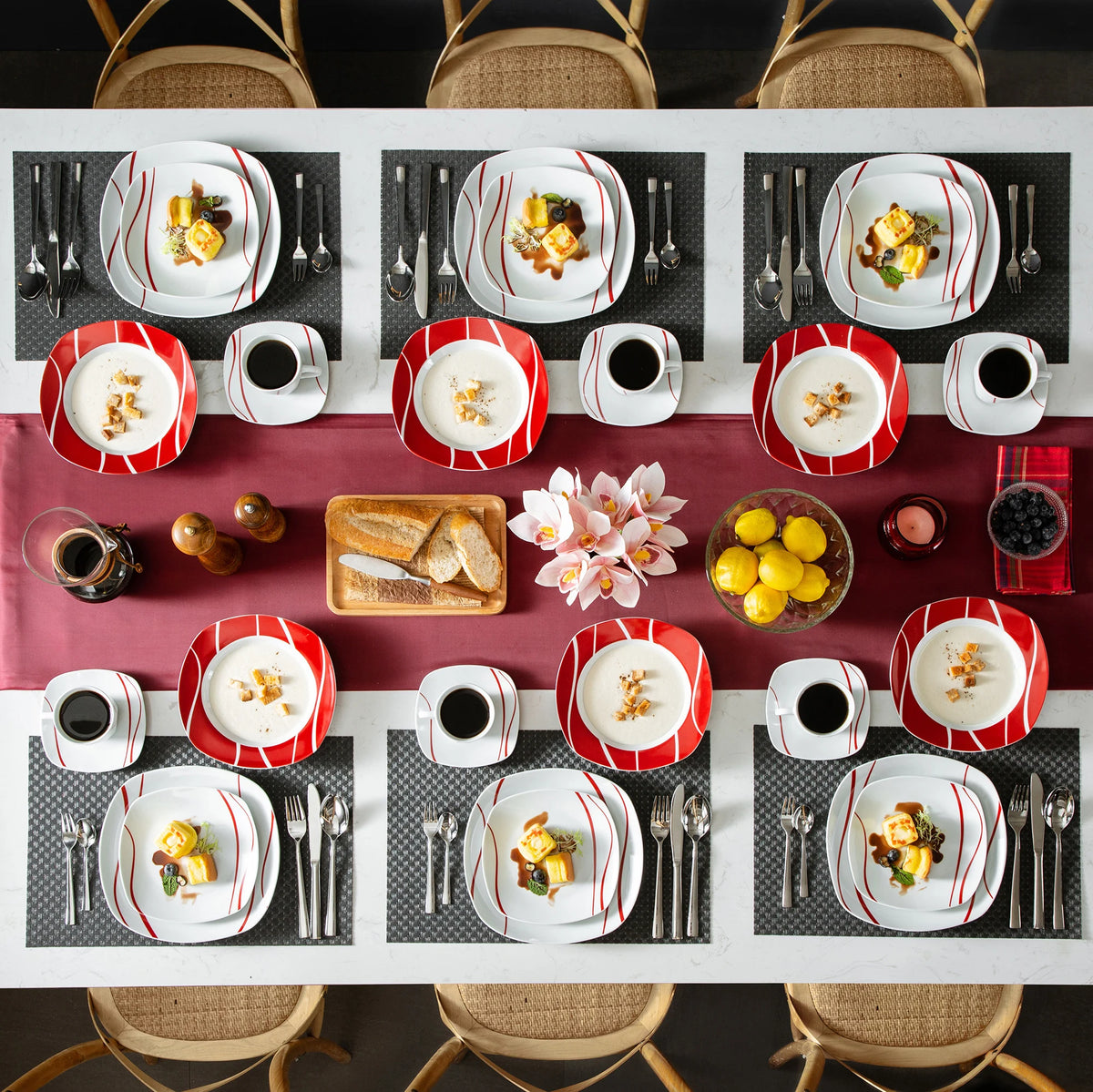 MALACASA-Juego de cena de porcelana serie Felisa, juego de tazas, platillos, postre, sopa, plato de cena, rayas rojas, marfil, blanco, 30 piezas
