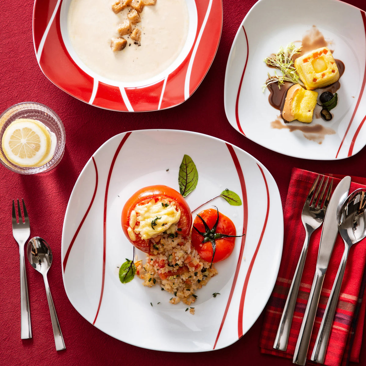 MALACASA-Juego de cena de porcelana serie Felisa, juego de tazas, platillos, postre, sopa, plato de cena, rayas rojas, marfil, blanco, 30 piezas