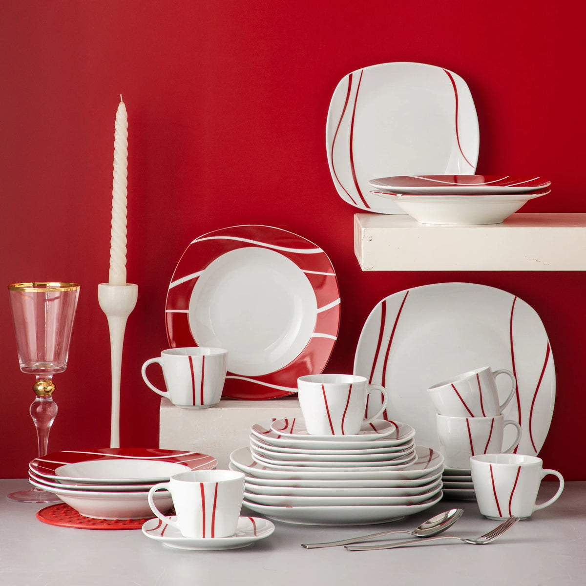 MALACASA-Juego de cena de porcelana serie Felisa, juego de tazas, platillos, postre, sopa, plato de cena, rayas rojas, marfil, blanco, 30 piezas