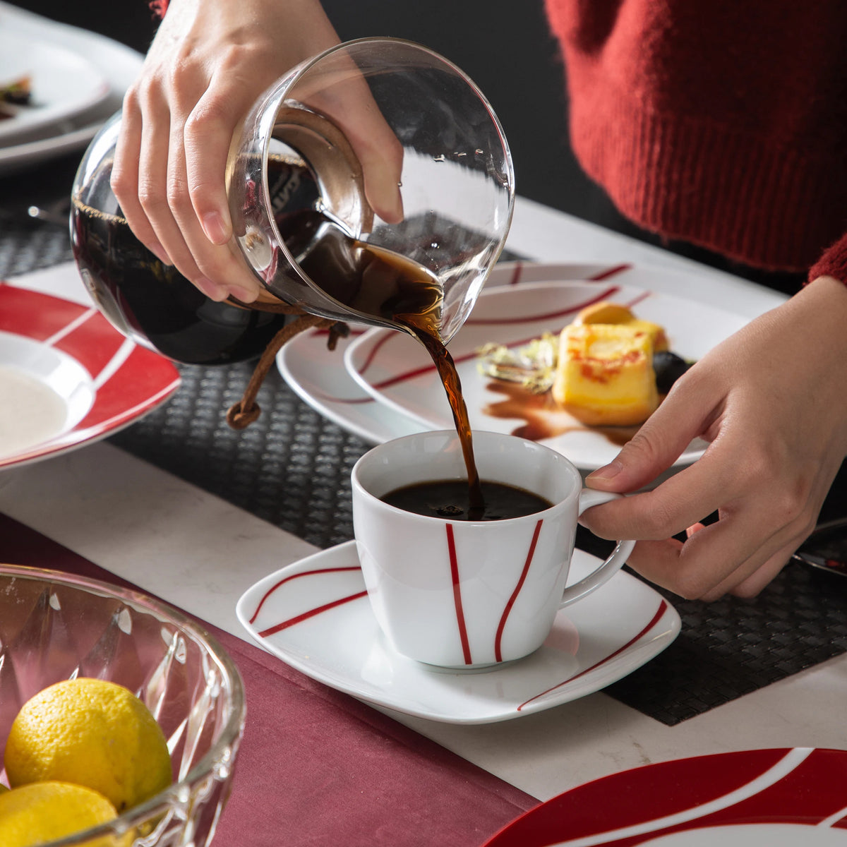 MALACASA-Juego de cena de porcelana serie Felisa, juego de tazas, platillos, postre, sopa, plato de cena, rayas rojas, marfil, blanco, 30 piezas