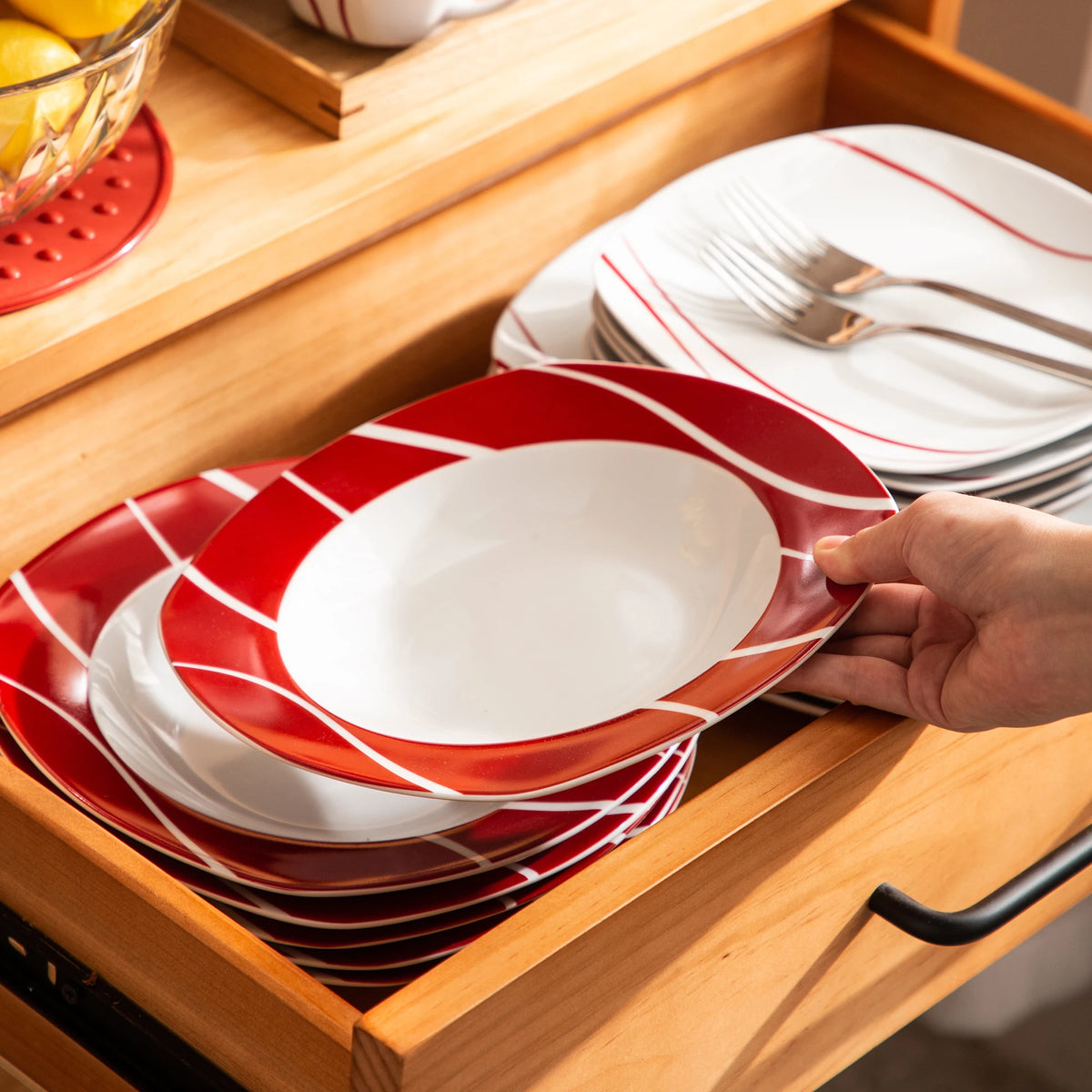 MALACASA-Juego de cena de porcelana serie Felisa, juego de tazas, platillos, postre, sopa, plato de cena, rayas rojas, marfil, blanco, 30 piezas