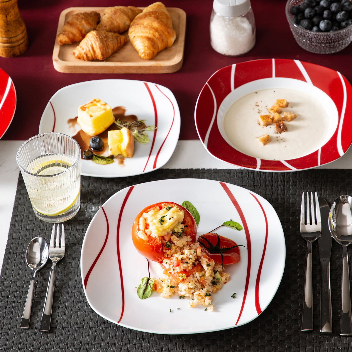 MALACASA-Juego de cena de porcelana serie Felisa, juego de tazas, platillos, postre, sopa, plato de cena, rayas rojas, marfil, blanco, 30 piezas