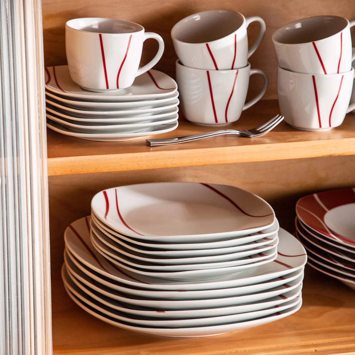 MALACASA-Juego de cena de porcelana serie Felisa, juego de tazas, platillos, postre, sopa, plato de cena, rayas rojas, marfil, blanco, 30 piezas