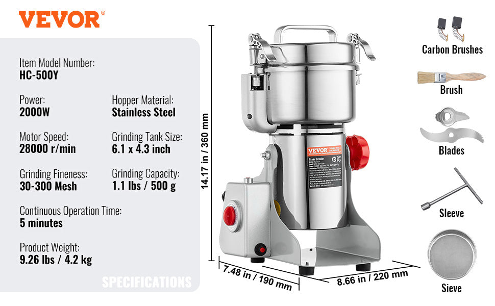 SucceBuy-molinillo de granos eléctrico, molinillos de especias oscilantes comerciales para hierbas secas, granos, especias, cereales, café y maíz, 150-2500g