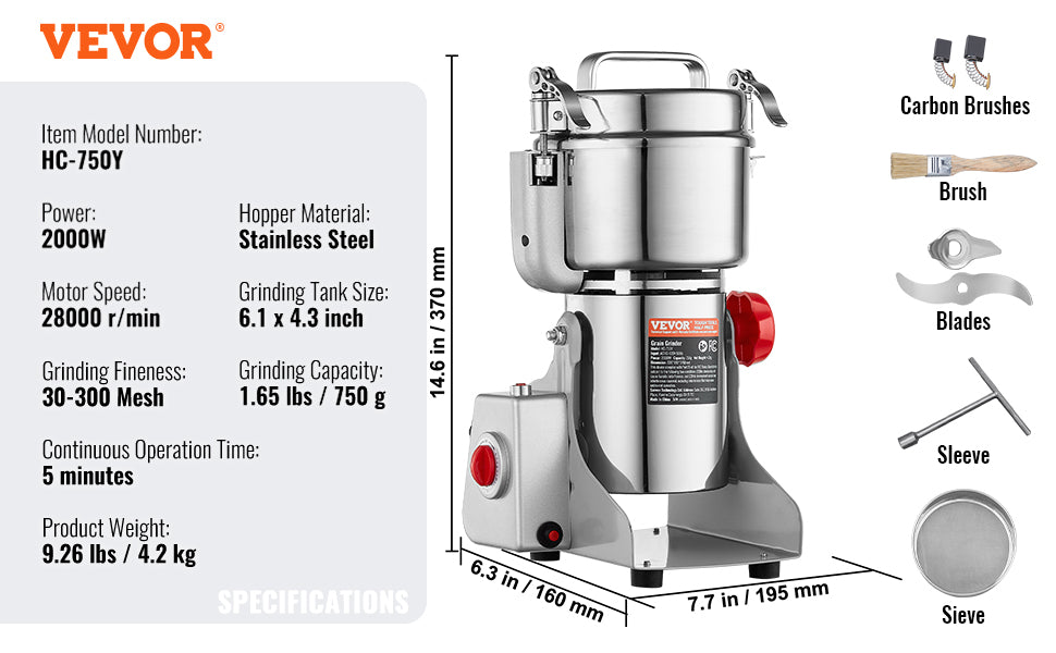 SucceBuy-molinillo de granos eléctrico, molinillos de especias oscilantes comerciales para hierbas secas, granos, especias, cereales, café y maíz, 150-2500g