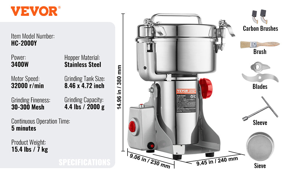 SucceBuy-molinillo de granos eléctrico, molinillos de especias oscilantes comerciales para hierbas secas, granos, especias, cereales, café y maíz, 150-2500g