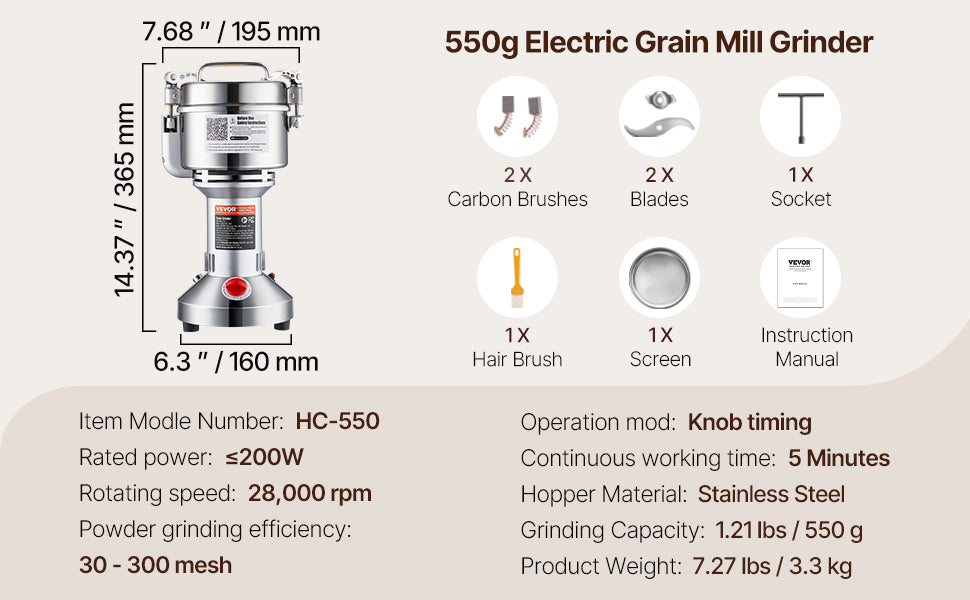 SucceBuy-molinillo de granos eléctrico, molinillos de especias oscilantes comerciales para hierbas secas, granos, especias, cereales, café y maíz, 150-2500g